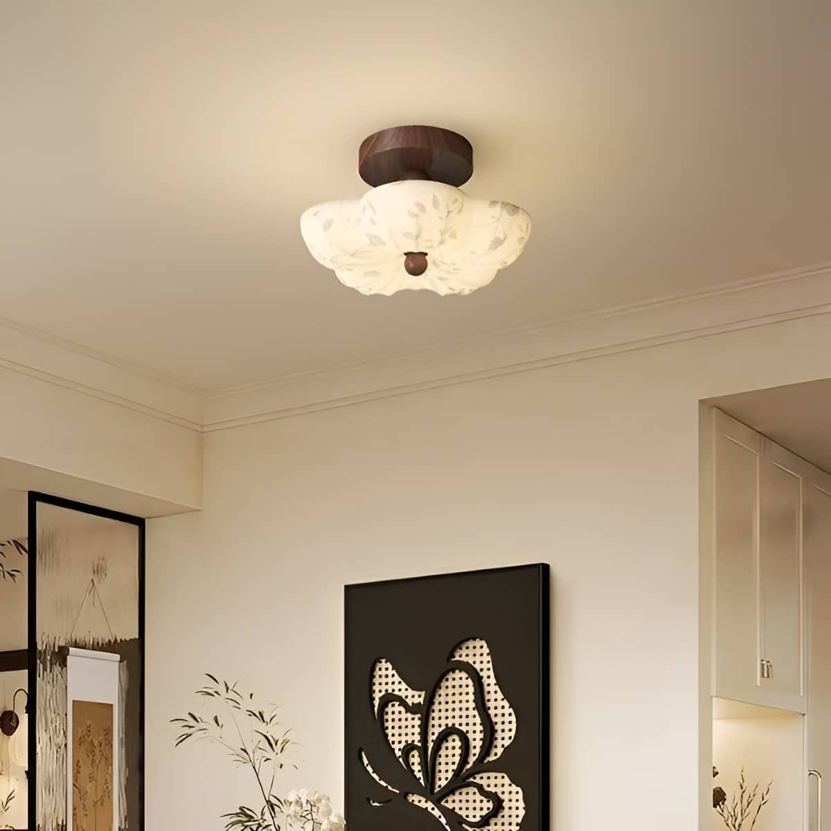 Art Nouveau Decorative Flower Ceiling Lamp with Fabric Shade