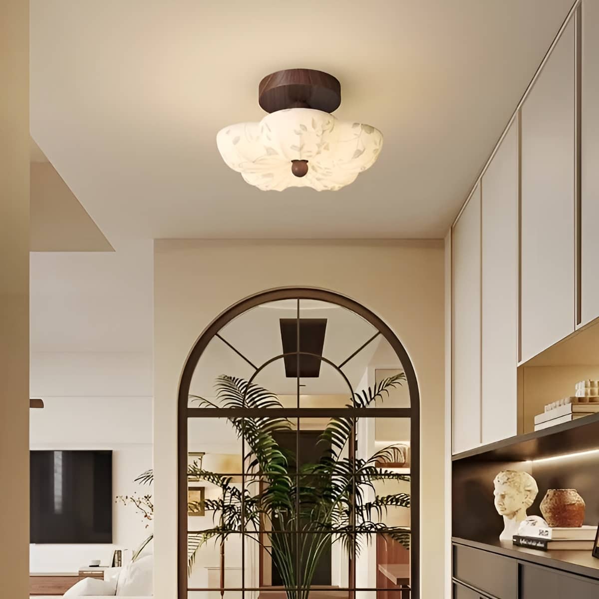 Art Nouveau Decorative Flower Ceiling Lamp with Fabric Shade