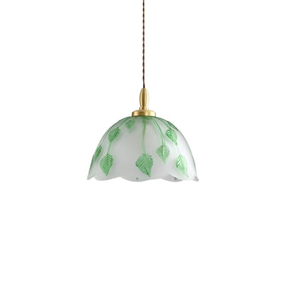 Art Nouveau Frosted Glass Pendant Light With Green Leaf Pattern