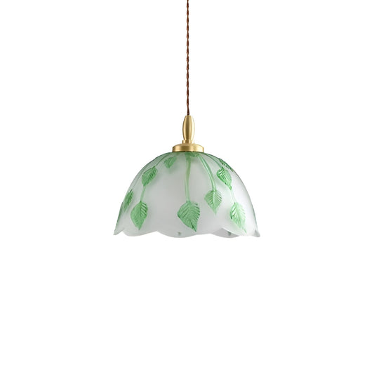 Art Nouveau Frosted Glass Pendant Light With Green Leaf Pattern