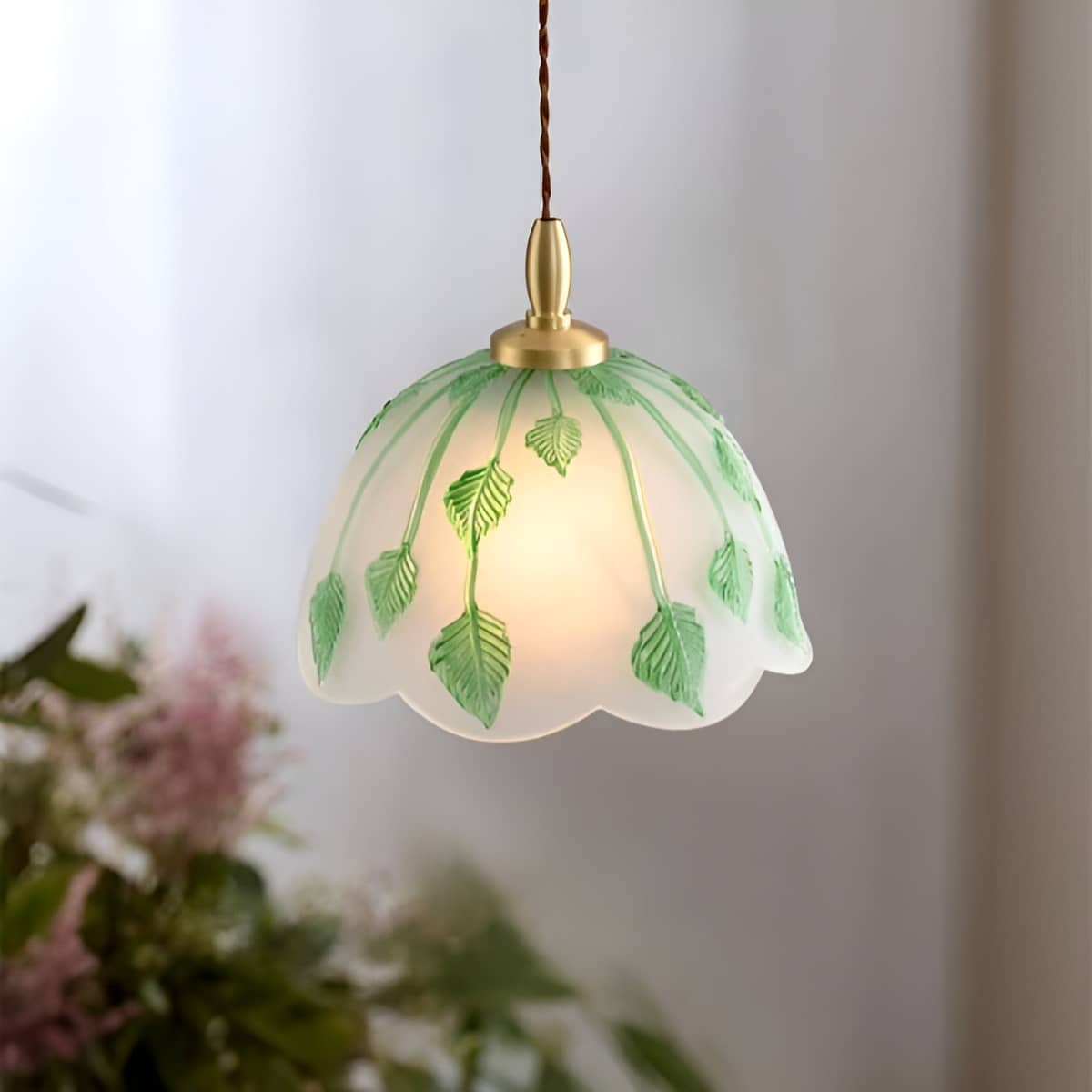 Art Nouveau Frosted Glass Pendant Light With Green Leaf Pattern