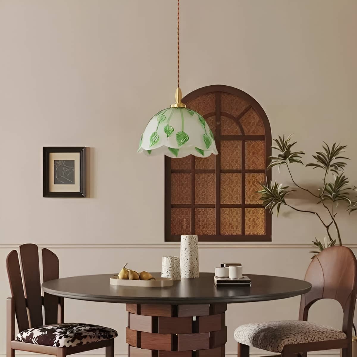 Art Nouveau Frosted Glass Pendant Light With Green Leaf Pattern