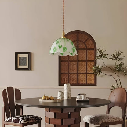 Art Nouveau Frosted Glass Pendant Light With Green Leaf Pattern