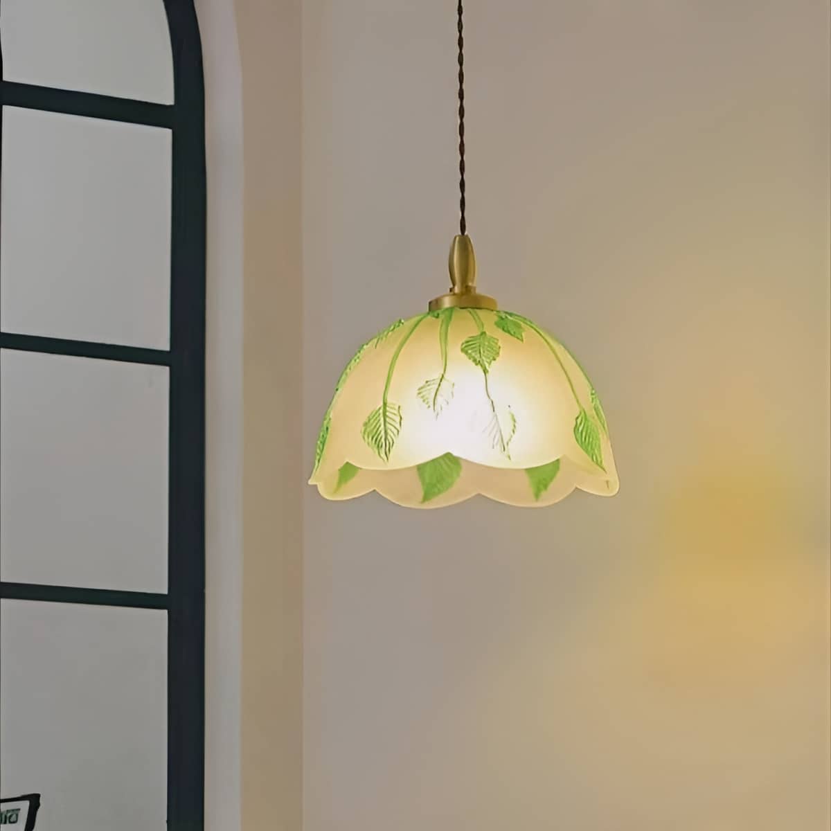 Art Nouveau Frosted Glass Pendant Light With Green Leaf Pattern