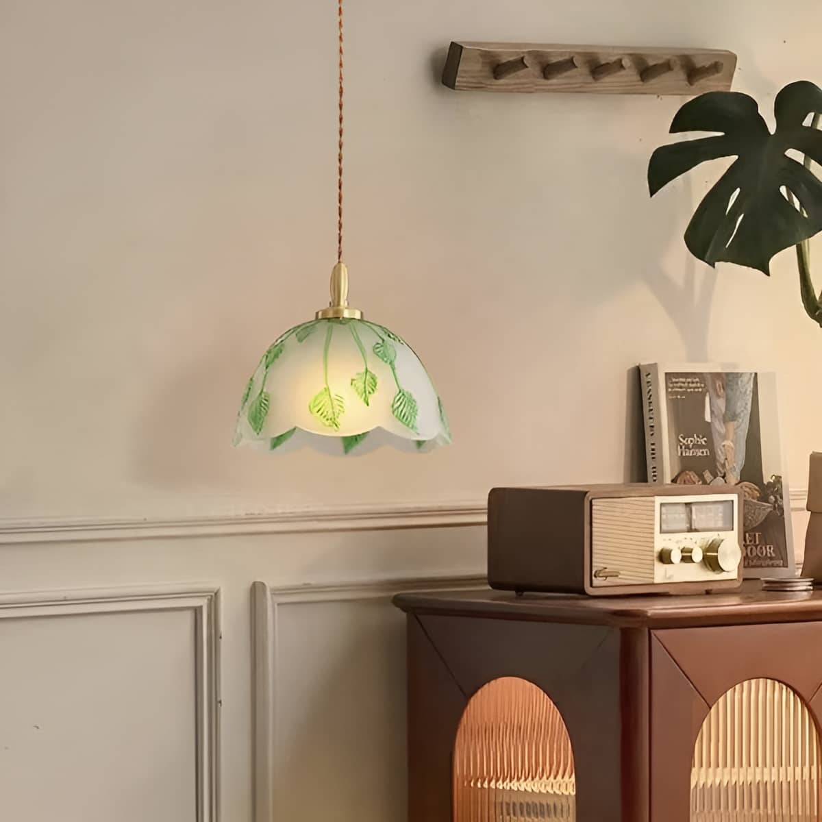 Art Nouveau Frosted Glass Pendant Light With Green Leaf Pattern