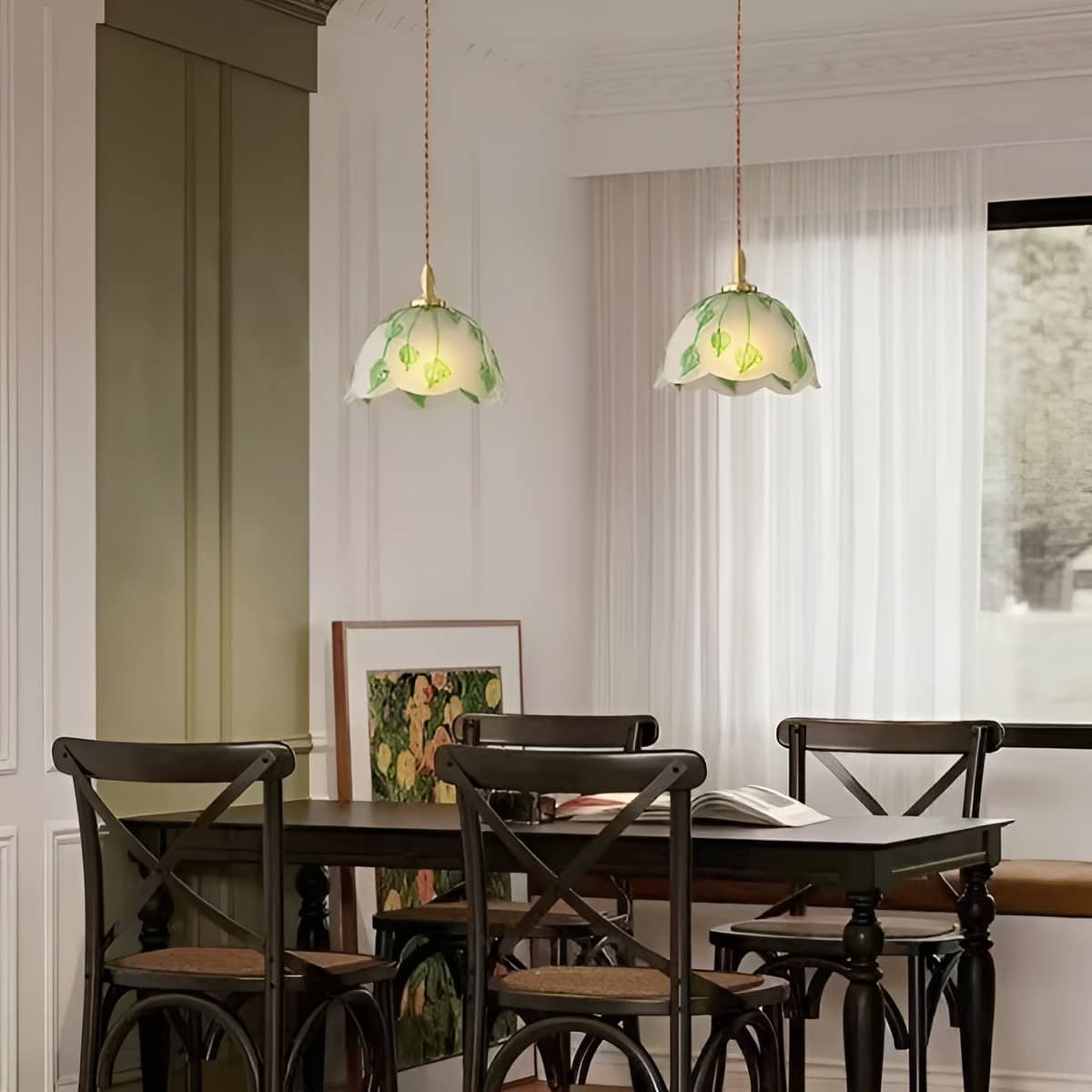 Art Nouveau Frosted Glass Pendant Light With Green Leaf Pattern