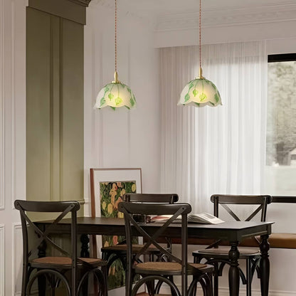 Art Nouveau Frosted Glass Pendant Light With Green Leaf Pattern