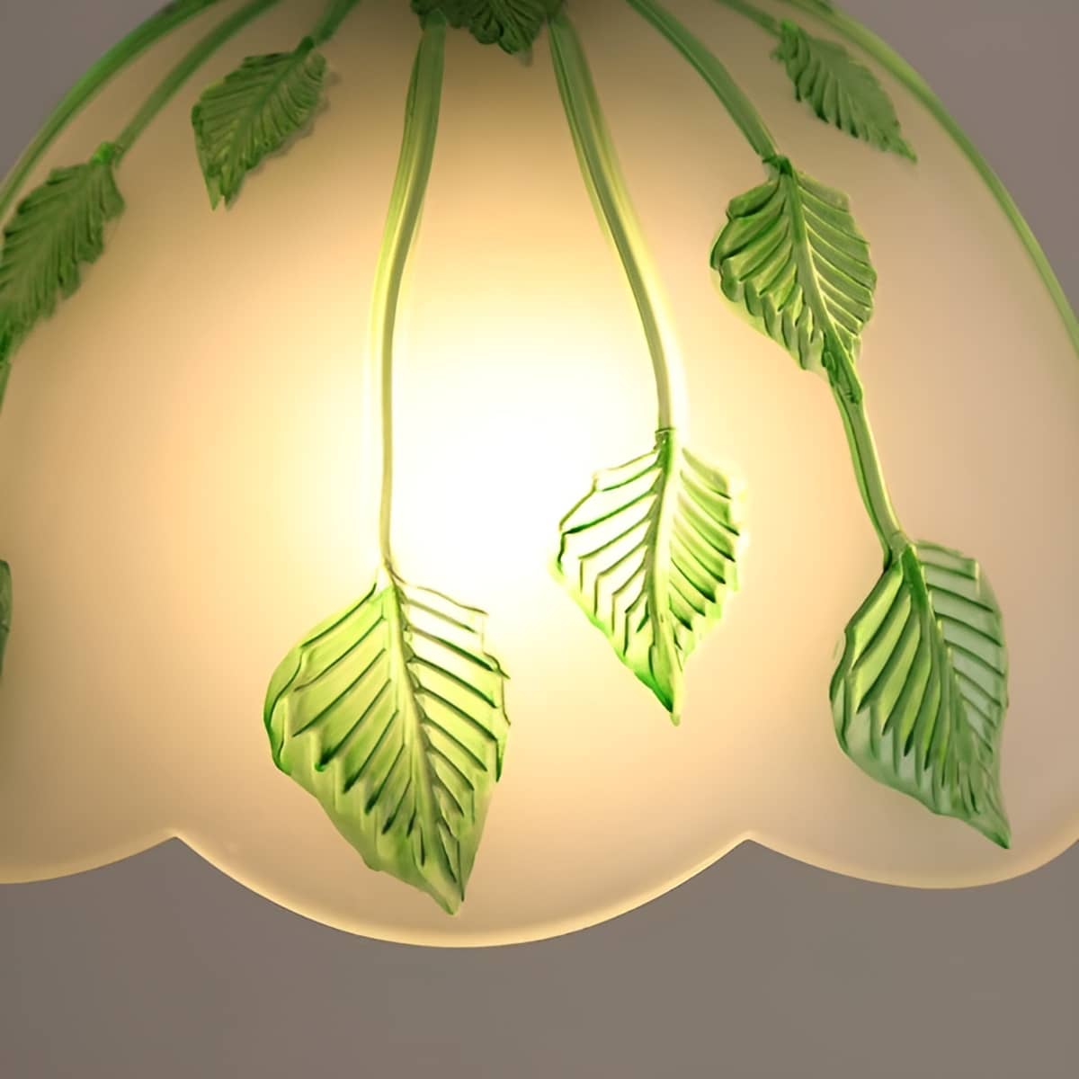 Art Nouveau Frosted Glass Pendant Light With Green Leaf Pattern
