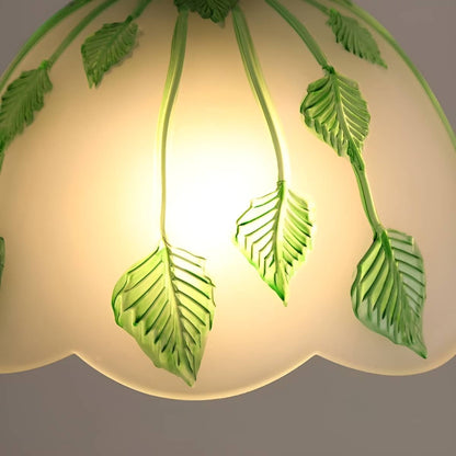 Art Nouveau Frosted Glass Pendant Light With Green Leaf Pattern