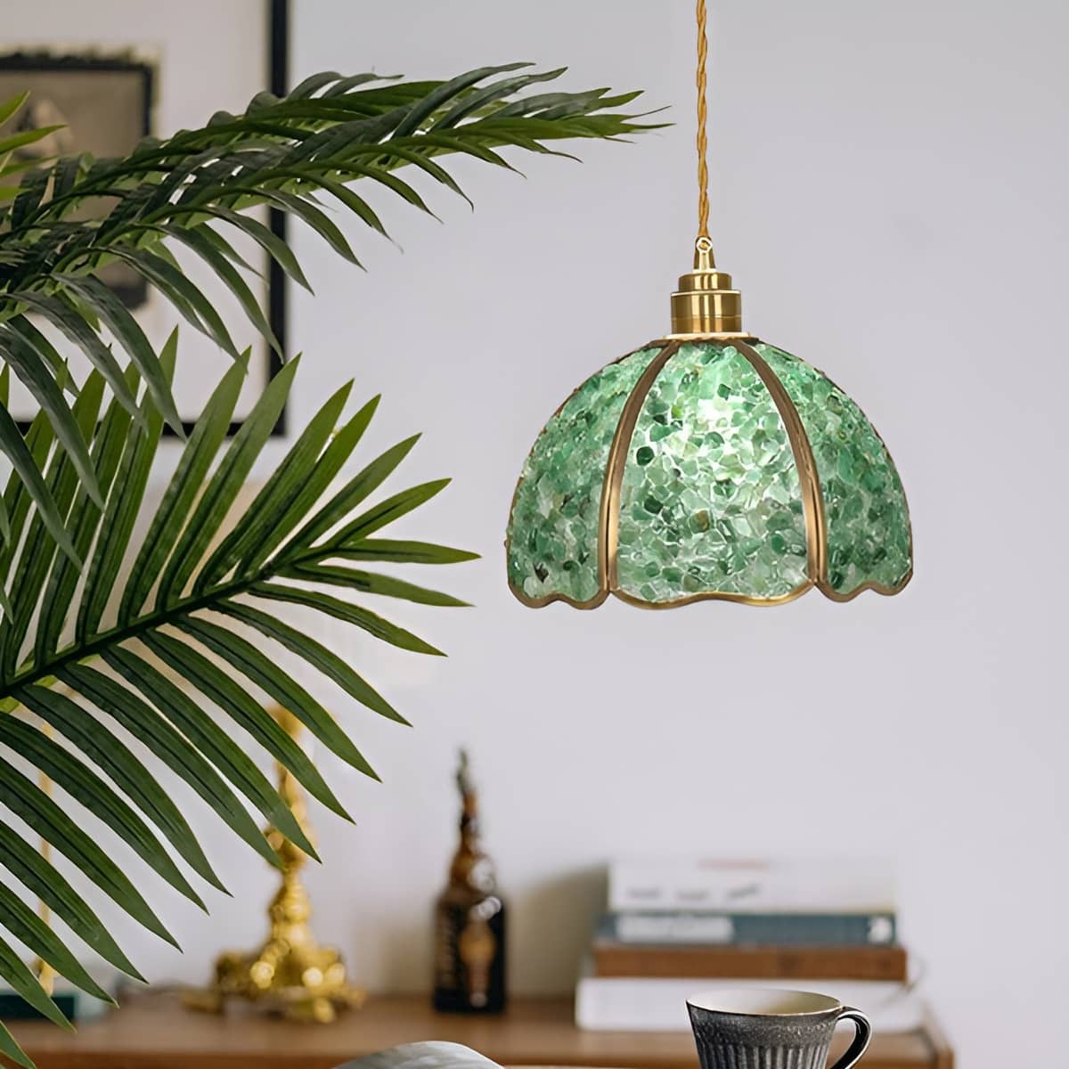 Art Nouveau Scallop Copper Crystal Pendant Light