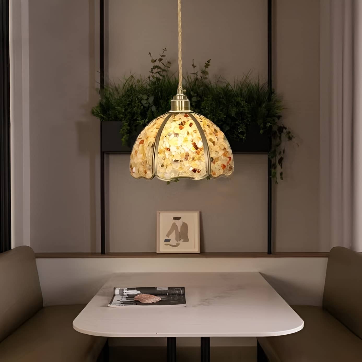 Art Nouveau Scallop Copper Crystal Pendant Light