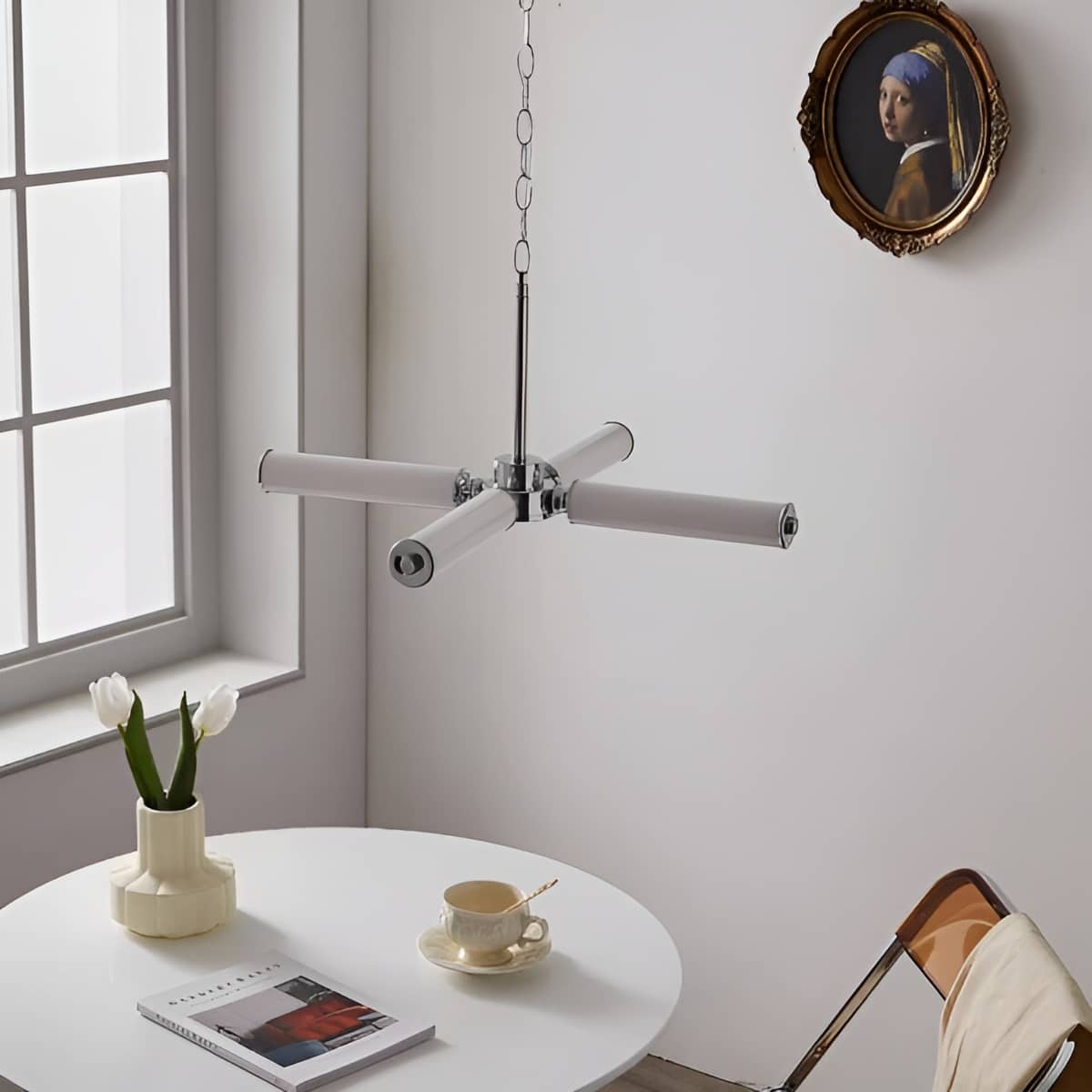 Bauhaus Industrial White Cylinder and Silver Chandelier