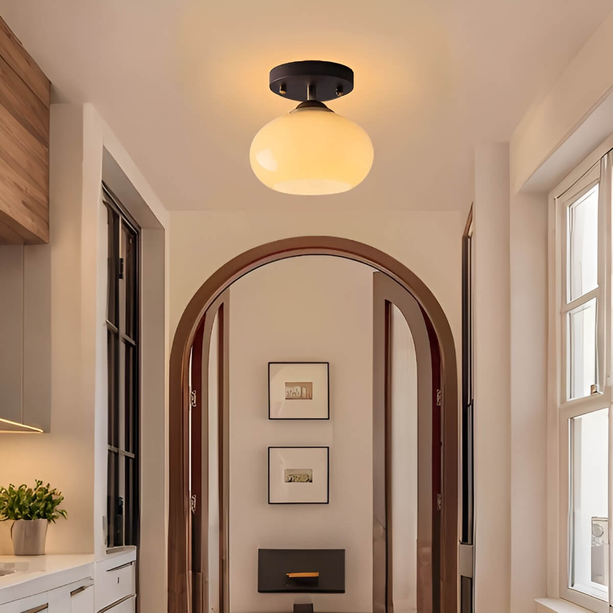 Bauhaus Wooden and Glass Small Hallway Ceiling Light