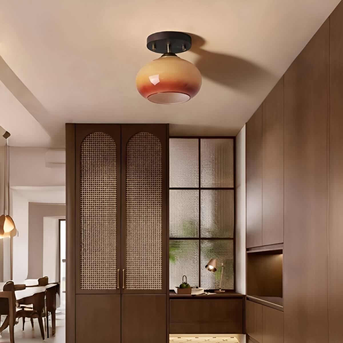 Bauhaus Wooden and Glass Small Hallway Ceiling Light