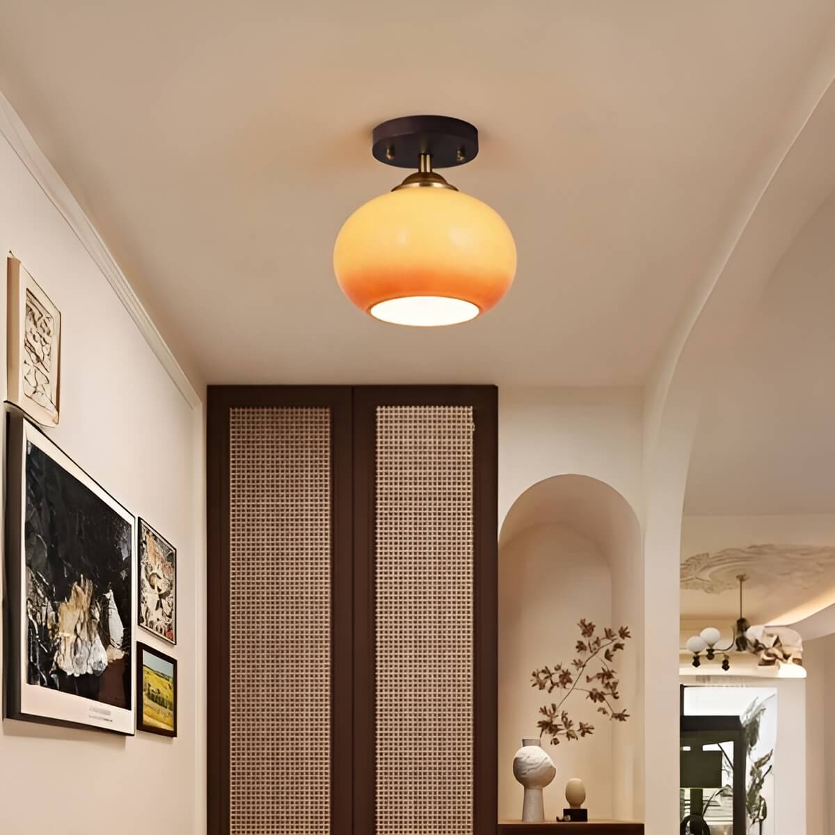 Bauhaus Wooden and Glass Small Hallway Ceiling Light