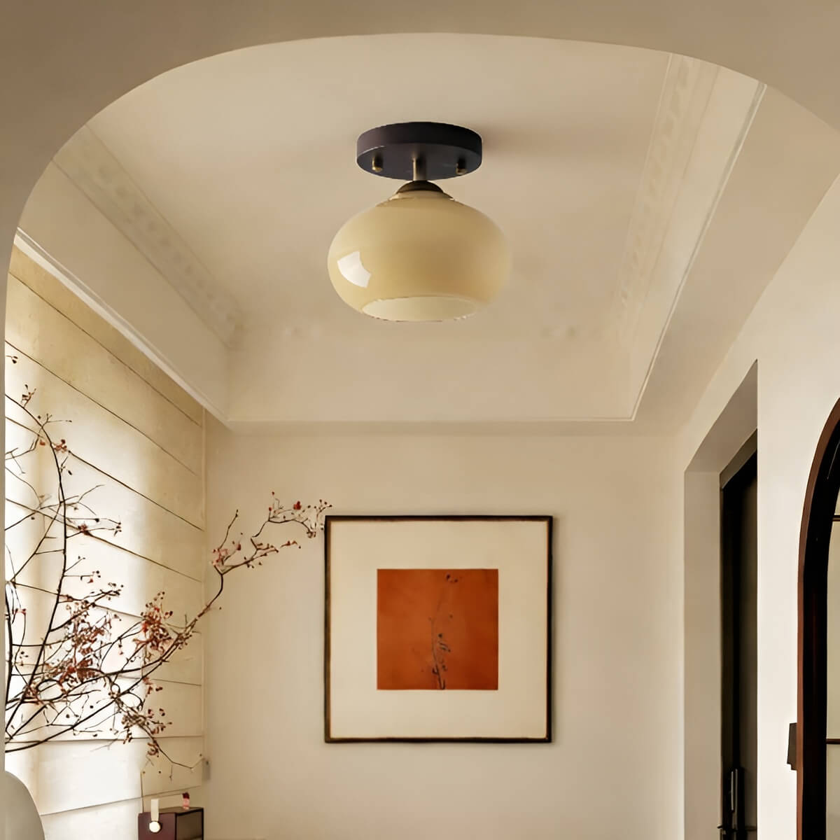 Bauhaus Wooden and Glass Small Hallway Ceiling Light