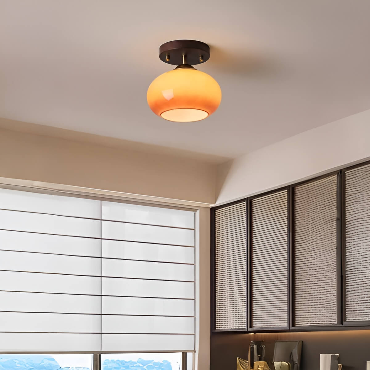 Bauhaus Wooden and Glass Small Hallway Ceiling Light