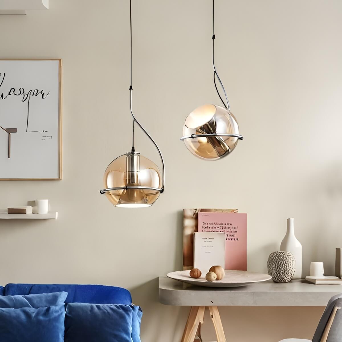 Bauhaus Inspired Amber Glass Industrial Hanging Light