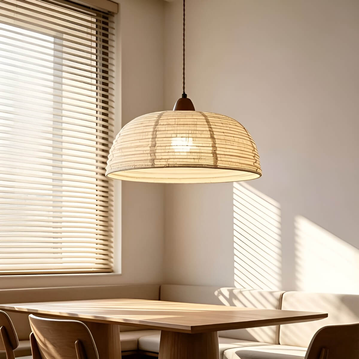 Beige Fabric Pendant Light with Walnut Wood Detail – 40 cm Scandinavian Pendant Lamp