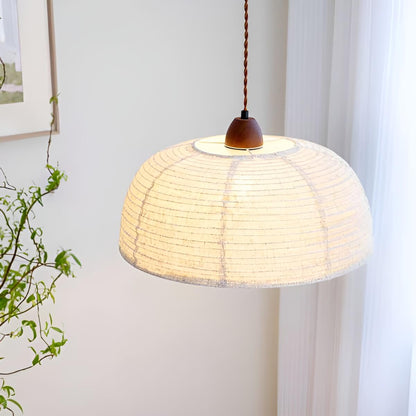Beige Fabric Pendant Light with Walnut Wood Detail – 40 cm Scandinavian Pendant Lamp