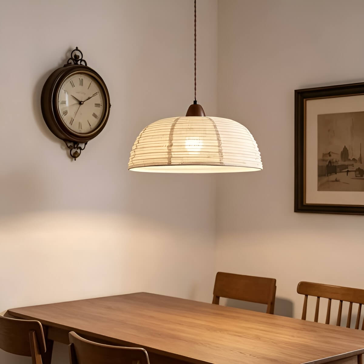 Beige Fabric Pendant Light with Walnut Wood Detail – 40 cm Scandinavian Pendant Lamp