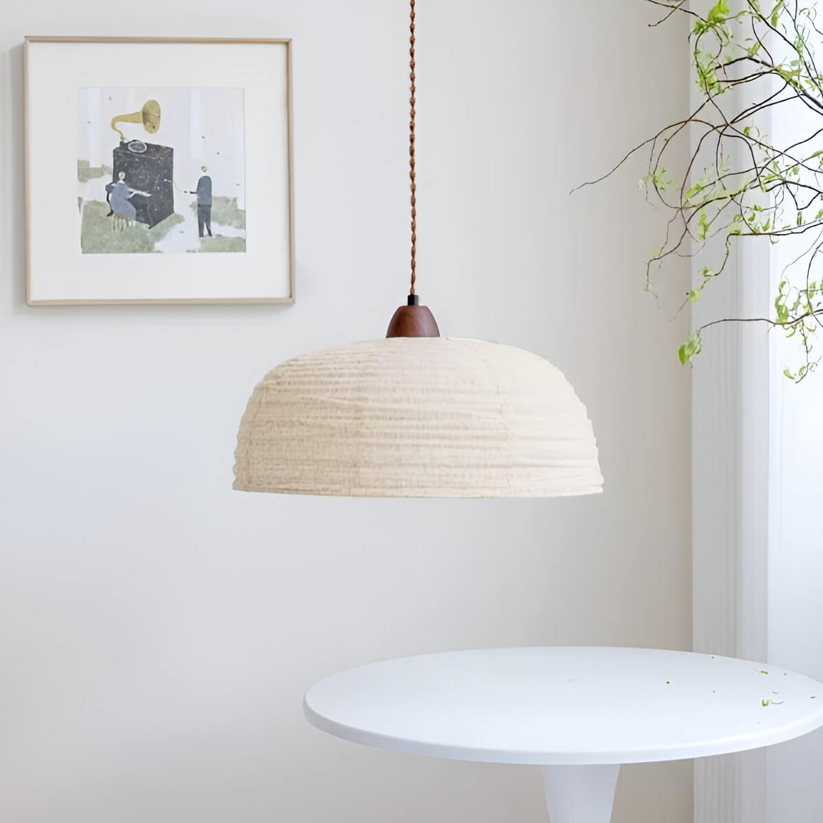 Beige Fabric Pendant Light with Walnut Wood Detail – 40 cm Scandinavian Pendant Lamp
