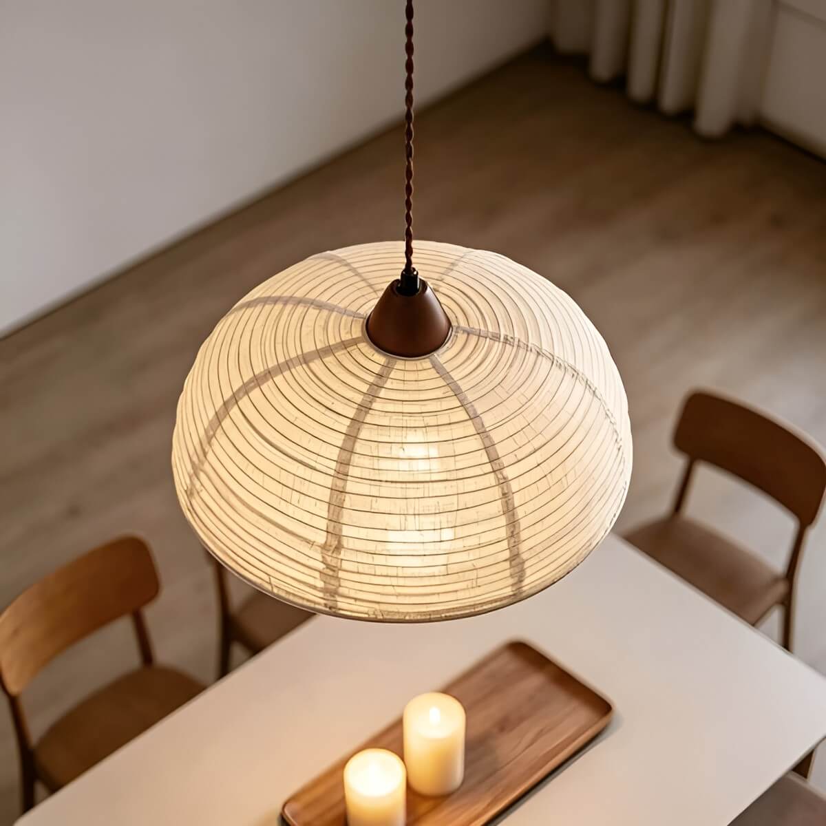 Beige Fabric Pendant Light with Walnut Wood Detail – 40 cm Scandinavian Pendant Lamp