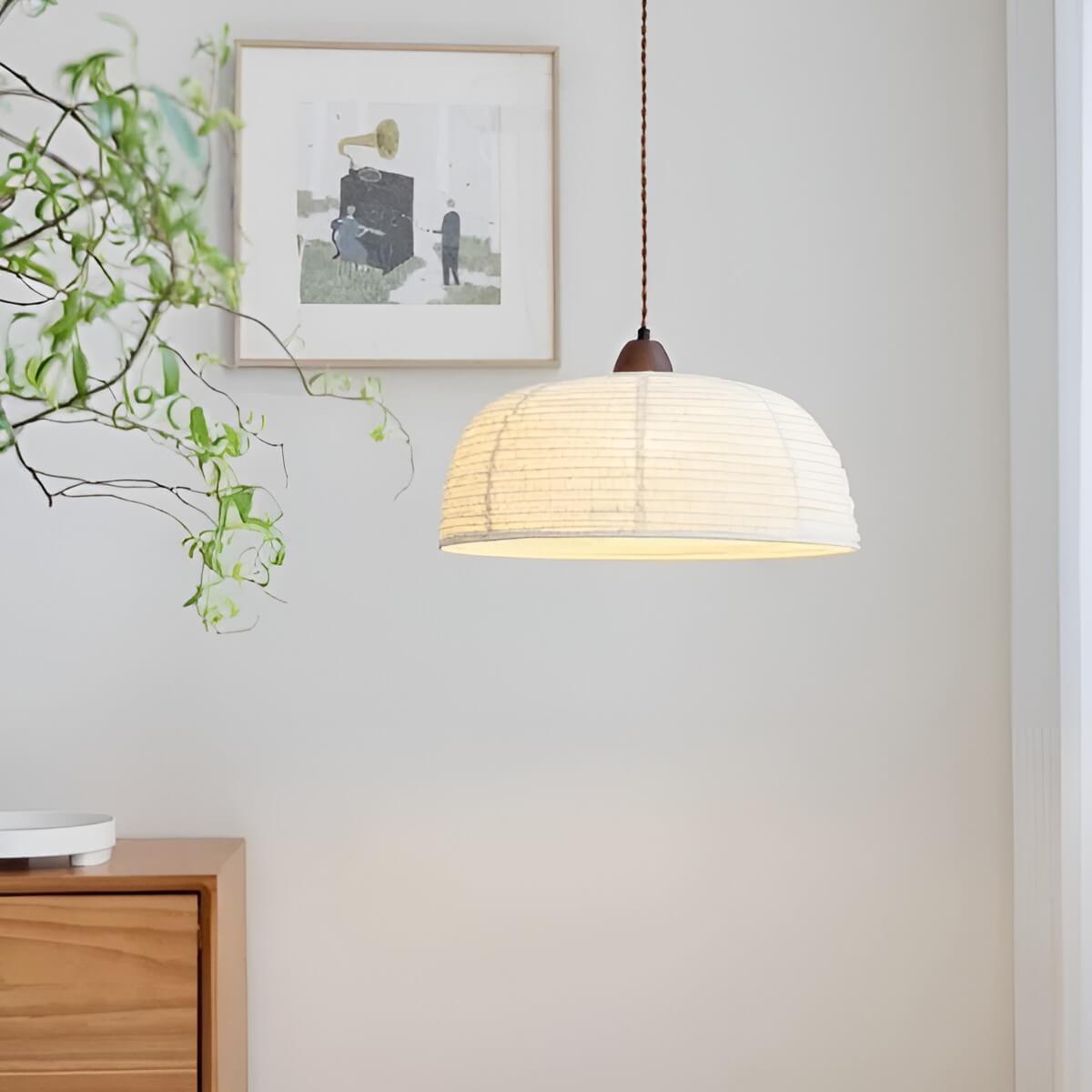 Beige Fabric Pendant Light with Walnut Wood Detail – 40 cm Scandinavian Pendant Lamp