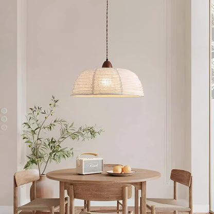 Beige Fabric Pendant Light with Walnut Wood Detail – 40 cm Scandinavian Pendant Lamp