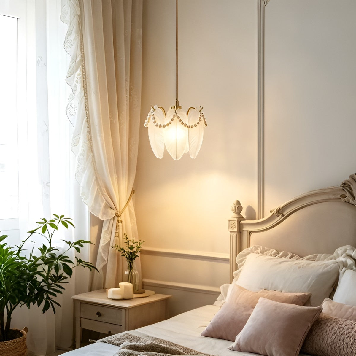 Elegant Feather Glass Hanging Lamp with Bead Decoration