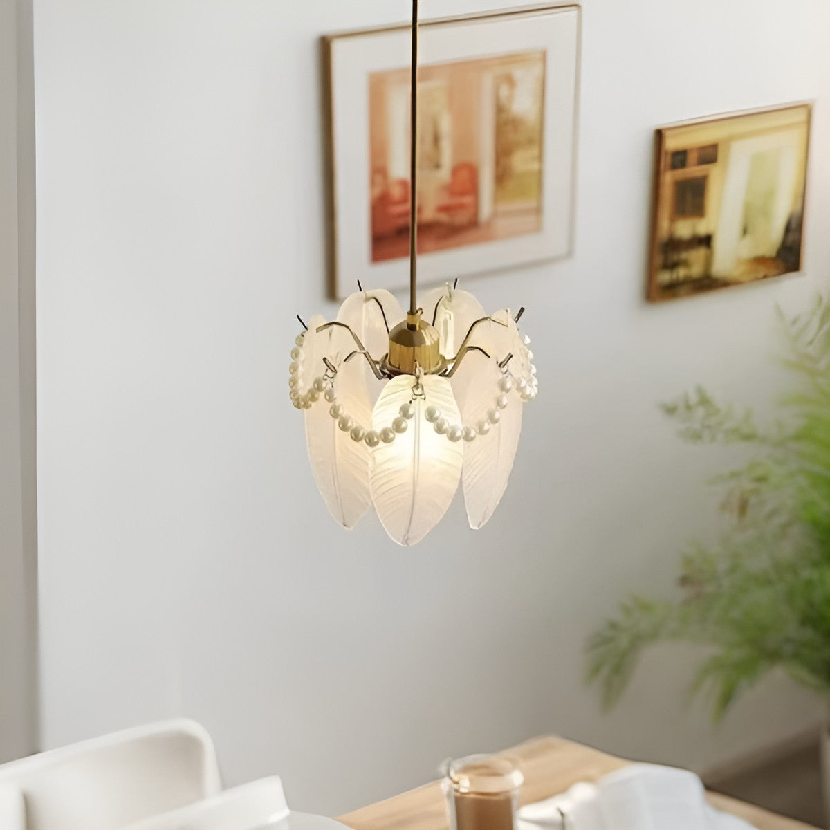 Elegant Feather Glass Hanging Lamp with Bead Decoration