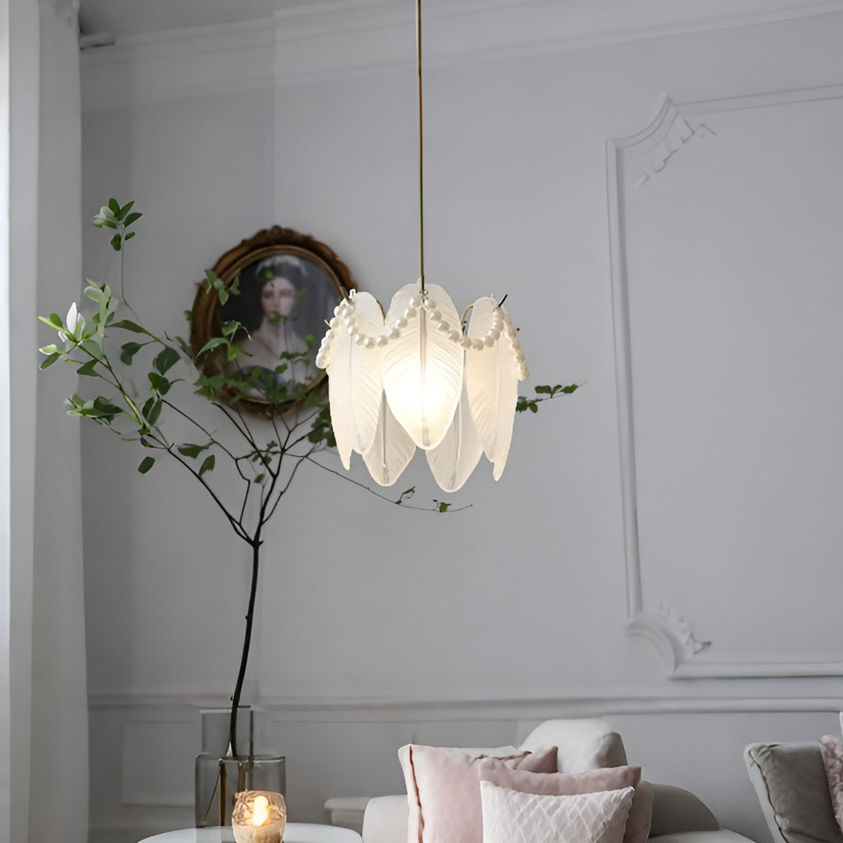 Elegant Feather Glass Hanging Lamp with Bead Decoration