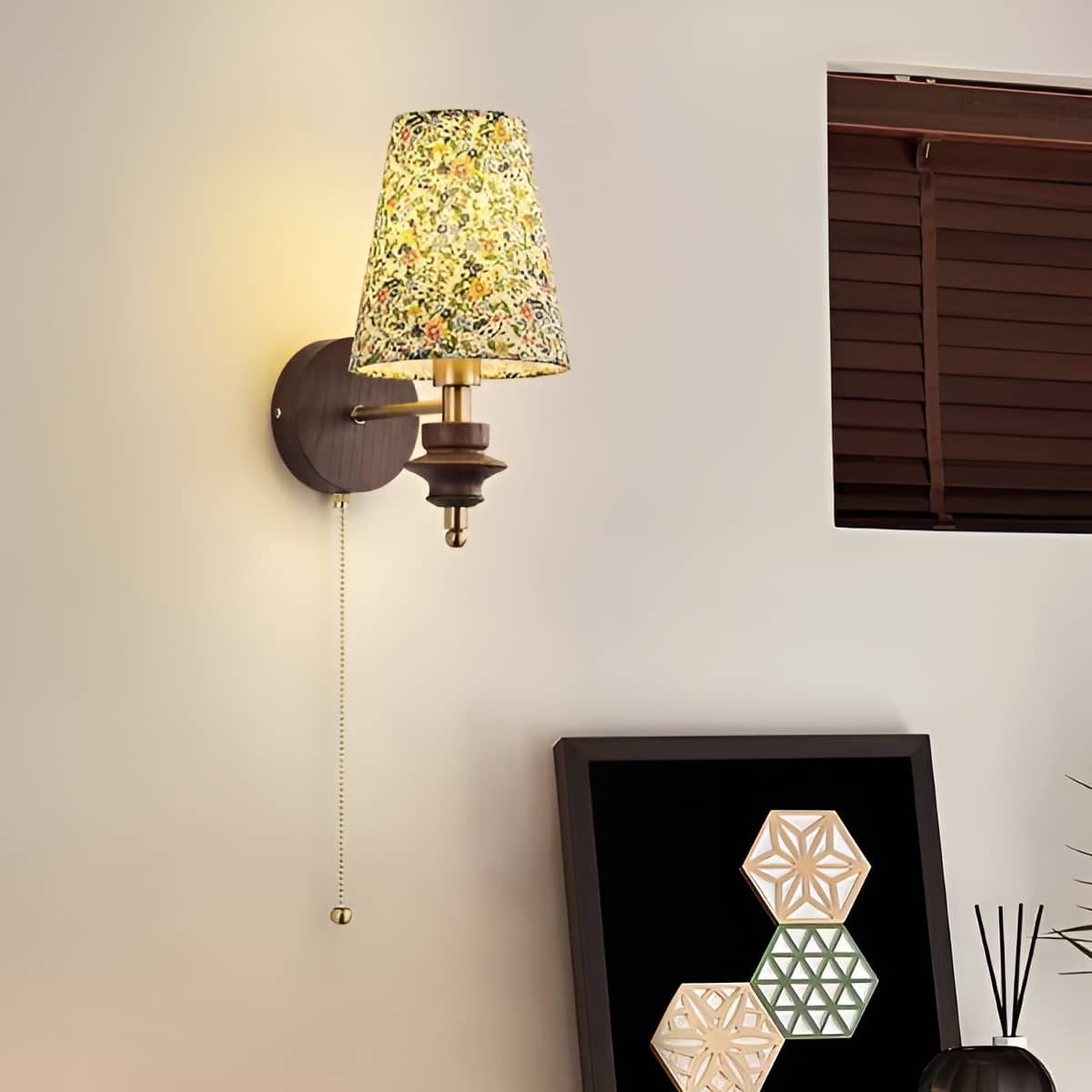 Japanese Wooden Base Wall Light with Fabric Shade