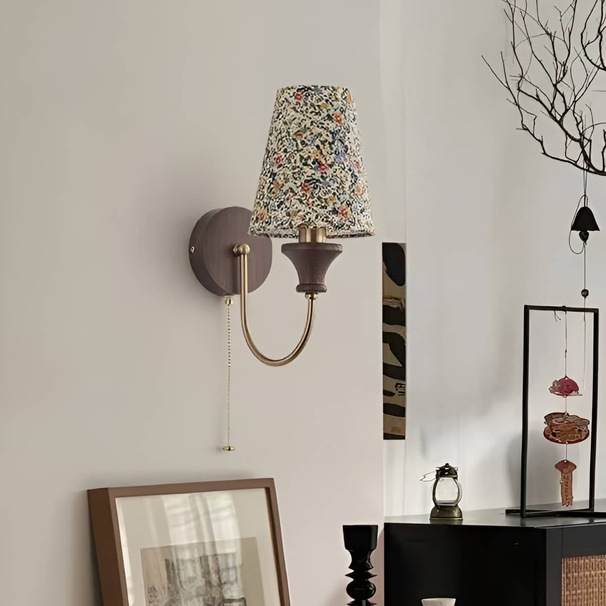 Japanese Wooden Base Wall Light with Fabric Shade