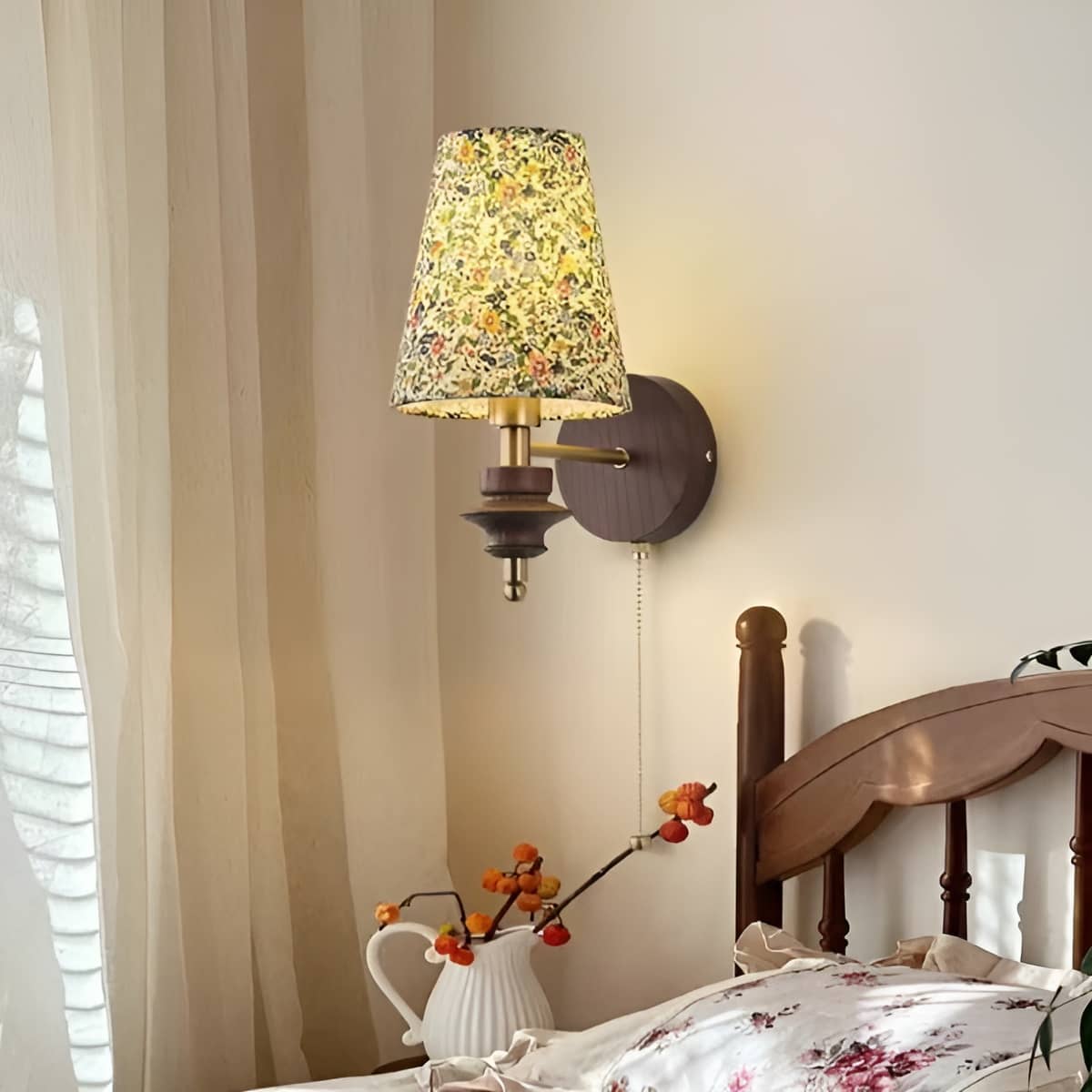 Japanese Wooden Base Wall Light with Fabric Shade