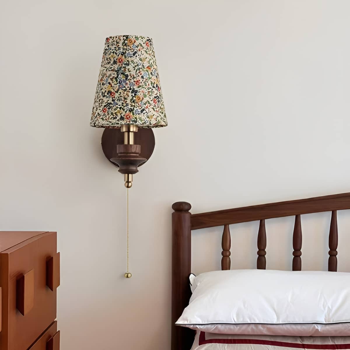 Japanese Wooden Base Wall Light with Fabric Shade