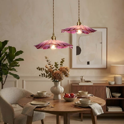 Modern Artistic Brass and Glass Pendant Light with Flower Shade
