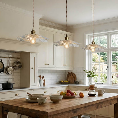 Modern Artistic Brass and Glass Pendant Light with Flower Shade