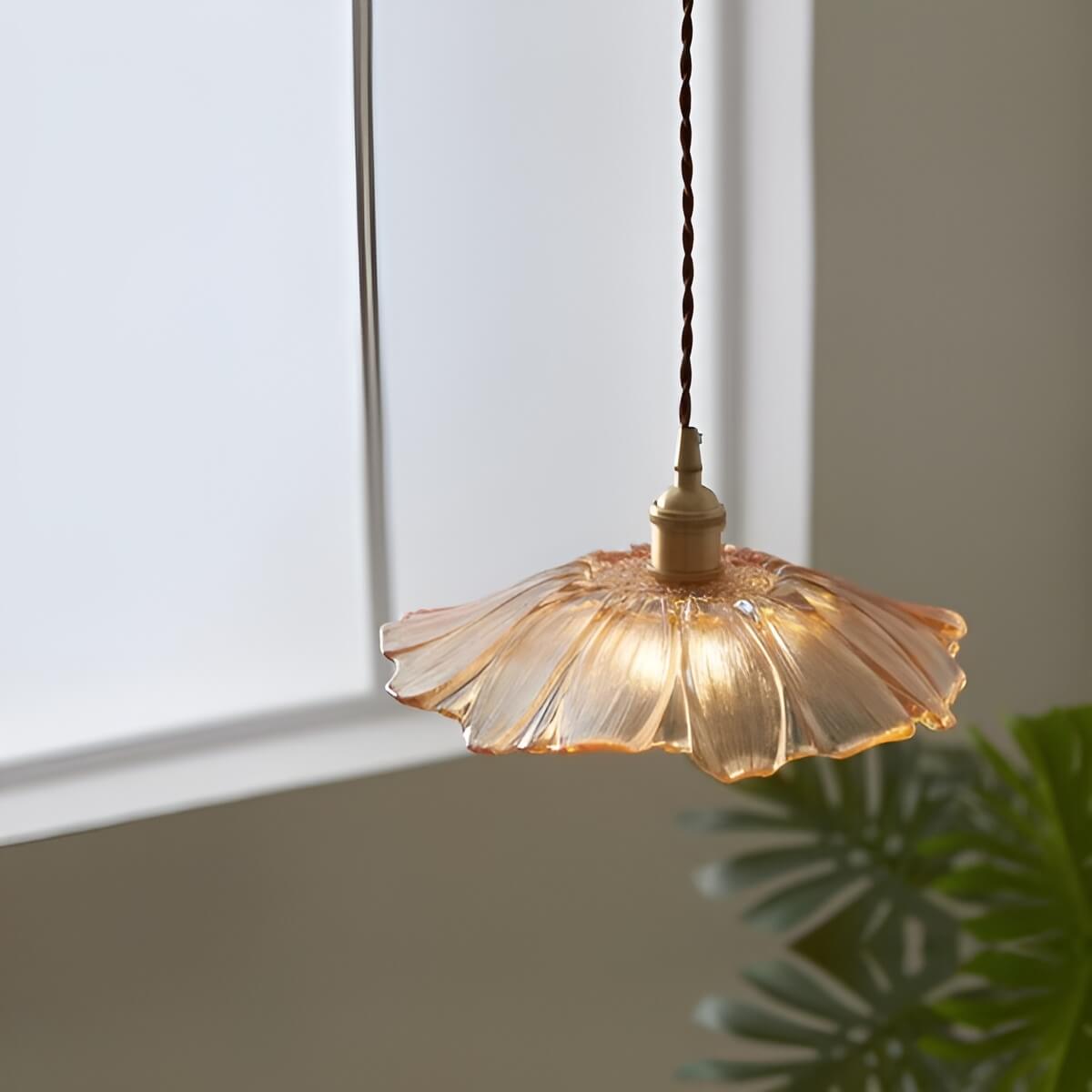 Modern Artistic Brass and Glass Pendant Light with Flower Shade