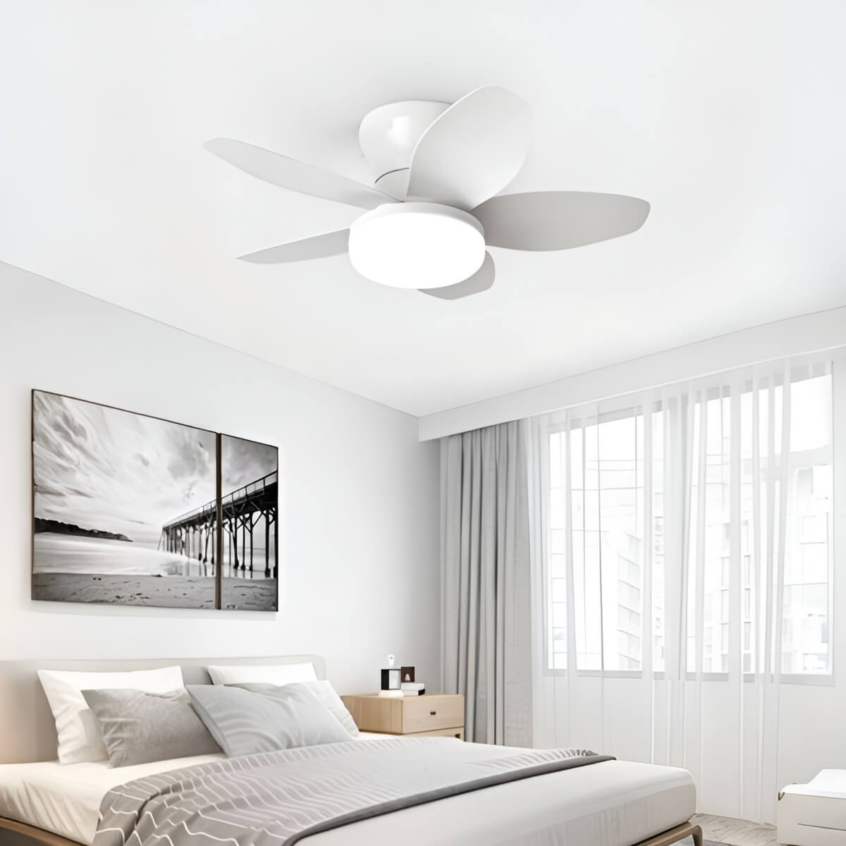 Ventilateur plafond avec lumière et télécommande moderne et minimaliste à 5 pales