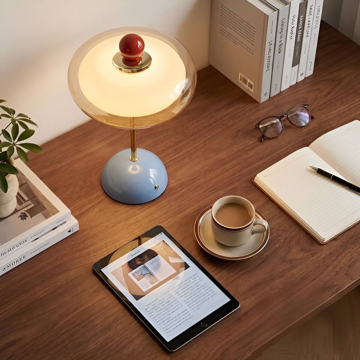 Modern Rechargeable Glass Table Lamp with Amber Shade