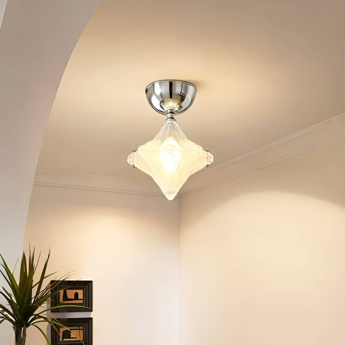 Modern Bauhaus Chrome and White Glass Star Ceiling Light