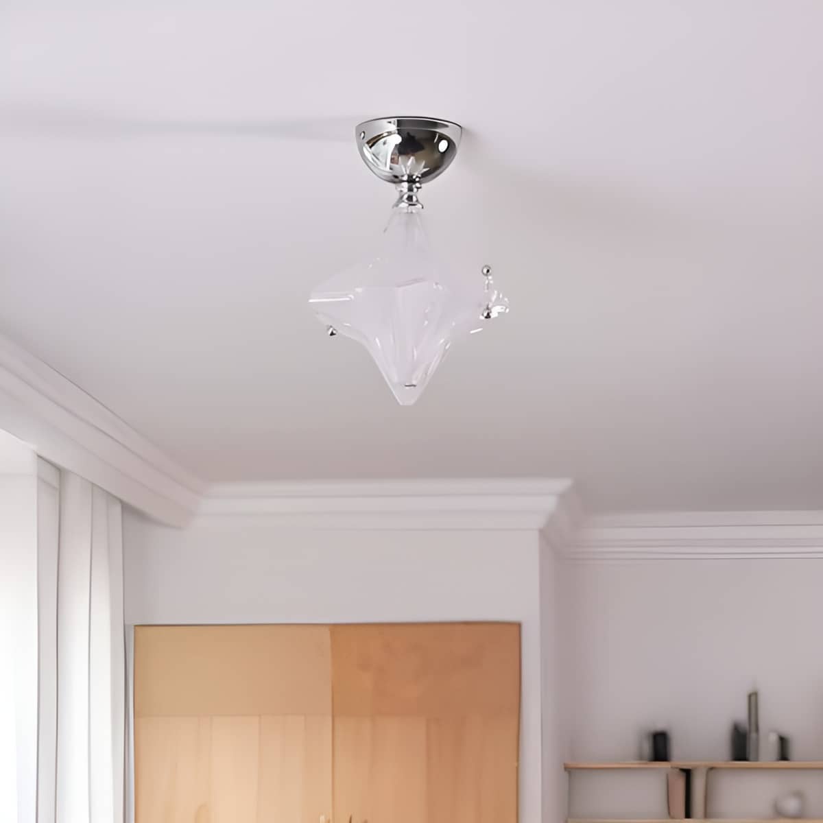 Modern Bauhaus Chrome and White Glass Star Ceiling Light
