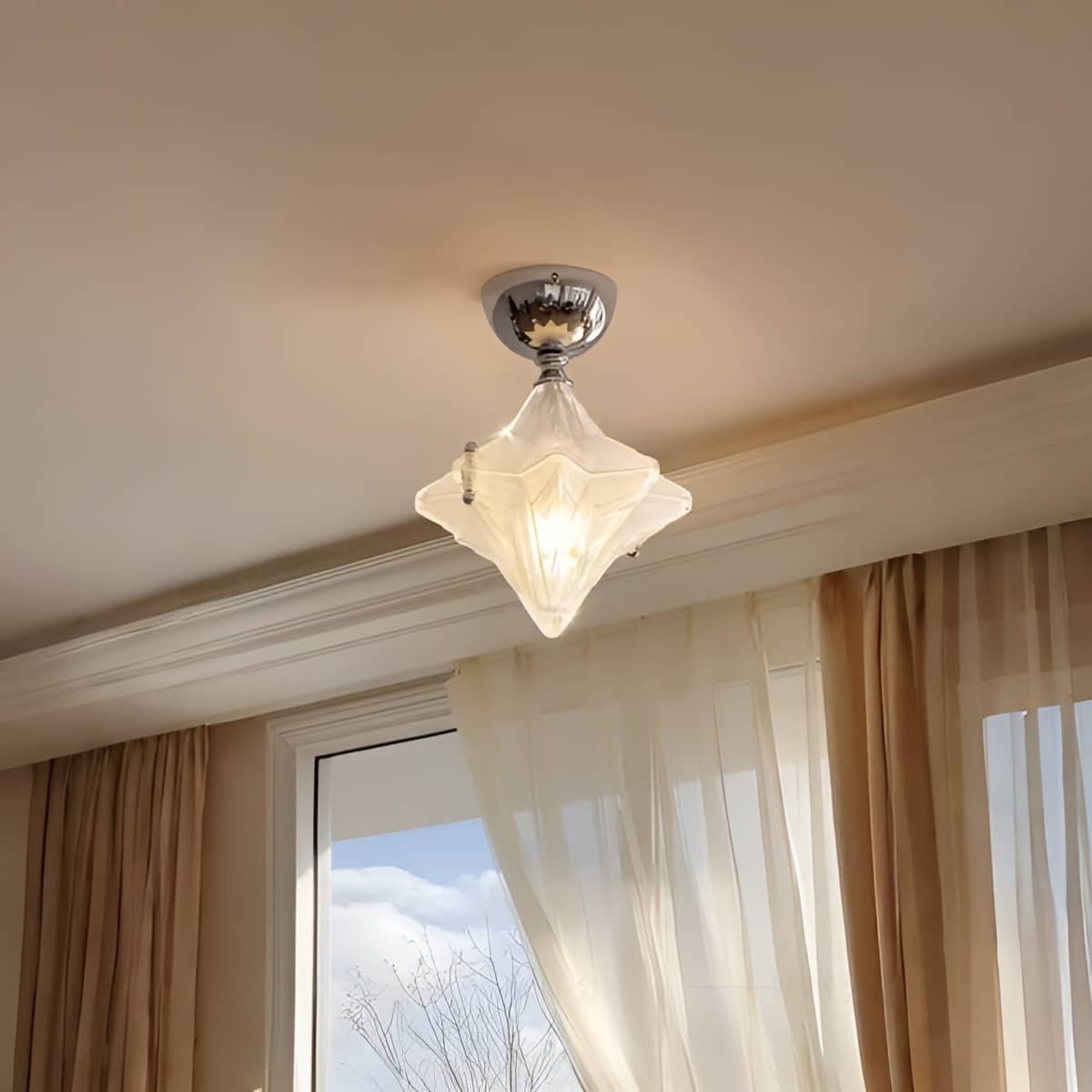 Modern Bauhaus Chrome and White Glass Star Ceiling Light