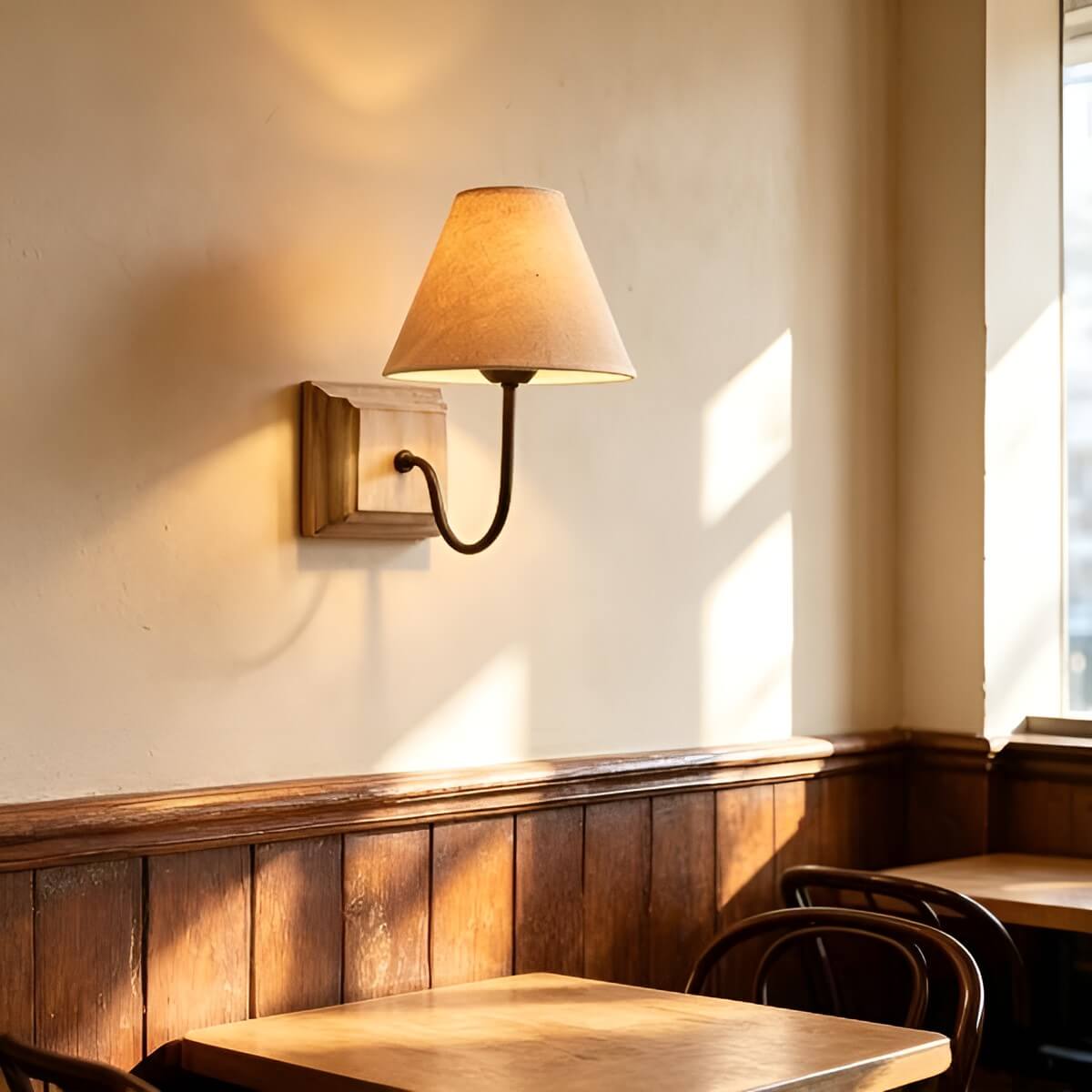Rustic Farmhouse Wall Light with Linen Shade and Wooden Base