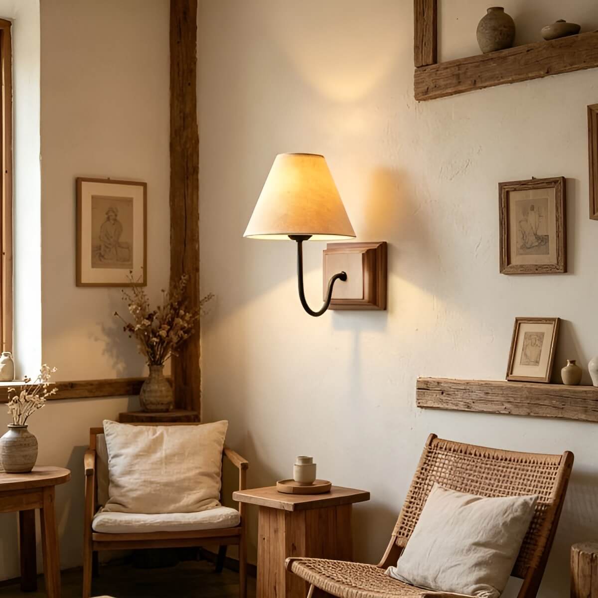 Rustic Farmhouse Wall Light with Linen Shade and Wooden Base