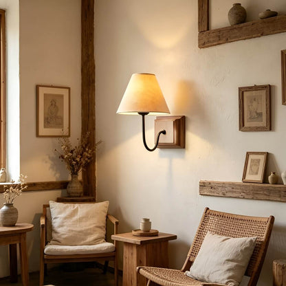 Rustic Farmhouse Wall Light with Linen Shade and Wooden Base