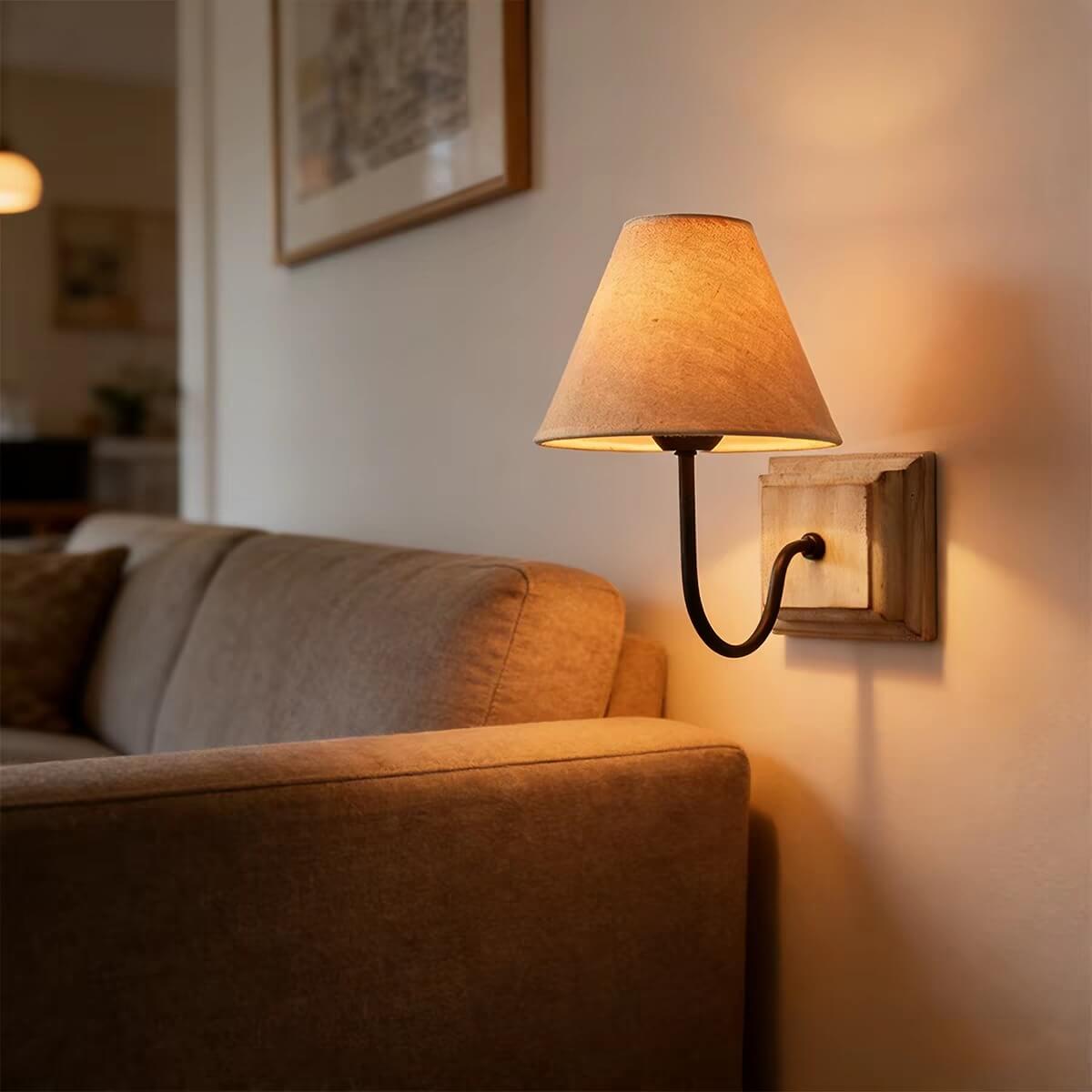 Rustic Farmhouse Wall Light with Linen Shade and Wooden Base