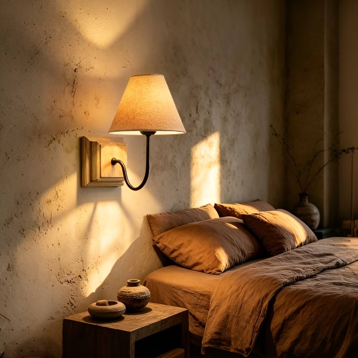 Rustic Farmhouse Wall Light with Linen Shade and Wooden Base