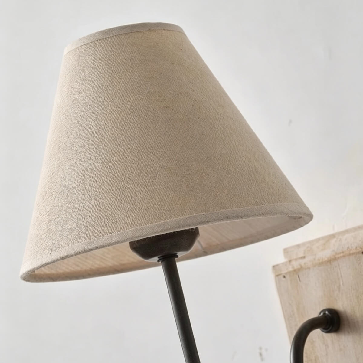 Rustic Farmhouse Wall Light with Linen Shade and Wooden Base